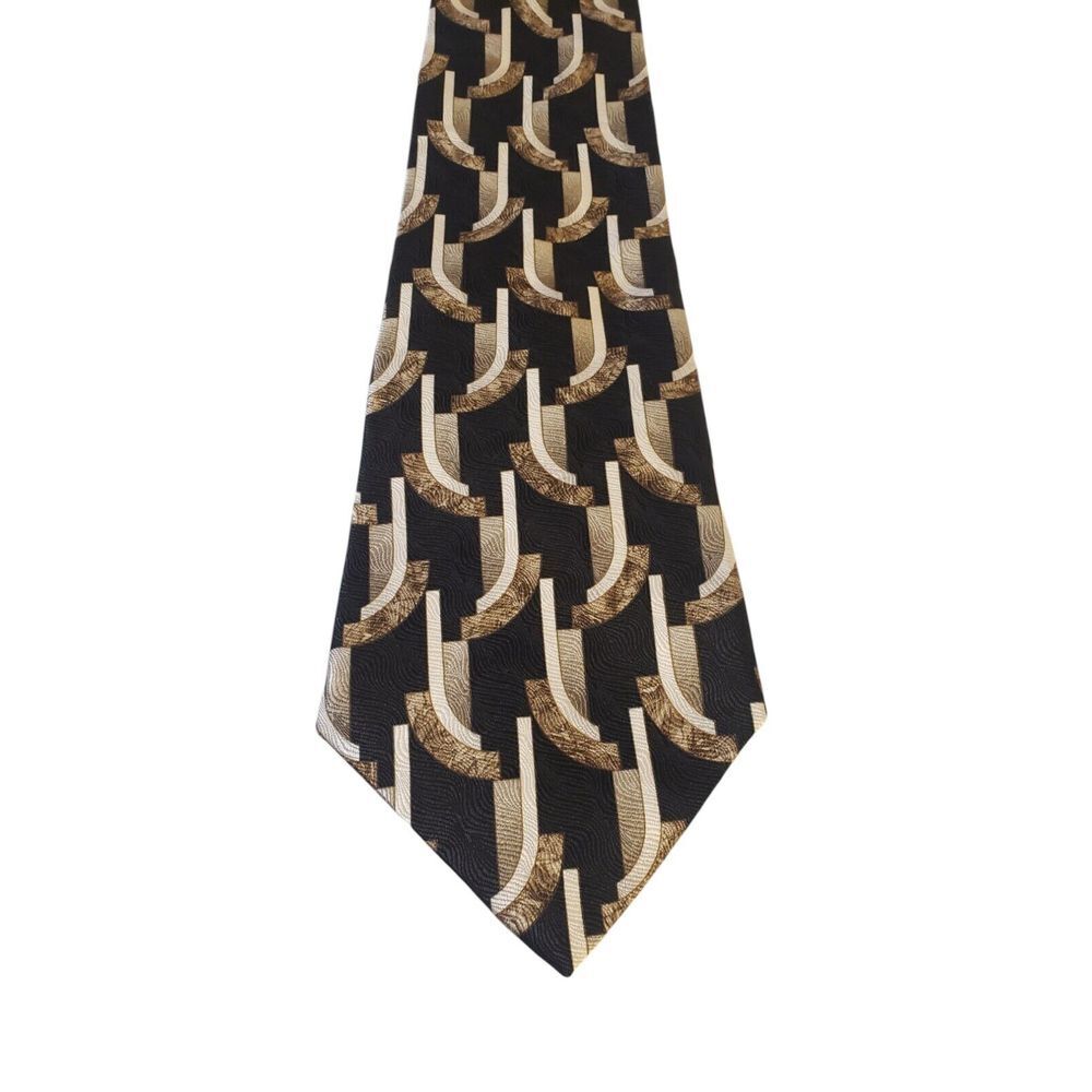 Pierre Cardin Neck Tie Mens Black Tan Geometric Silk Business Suit‎ Church Power